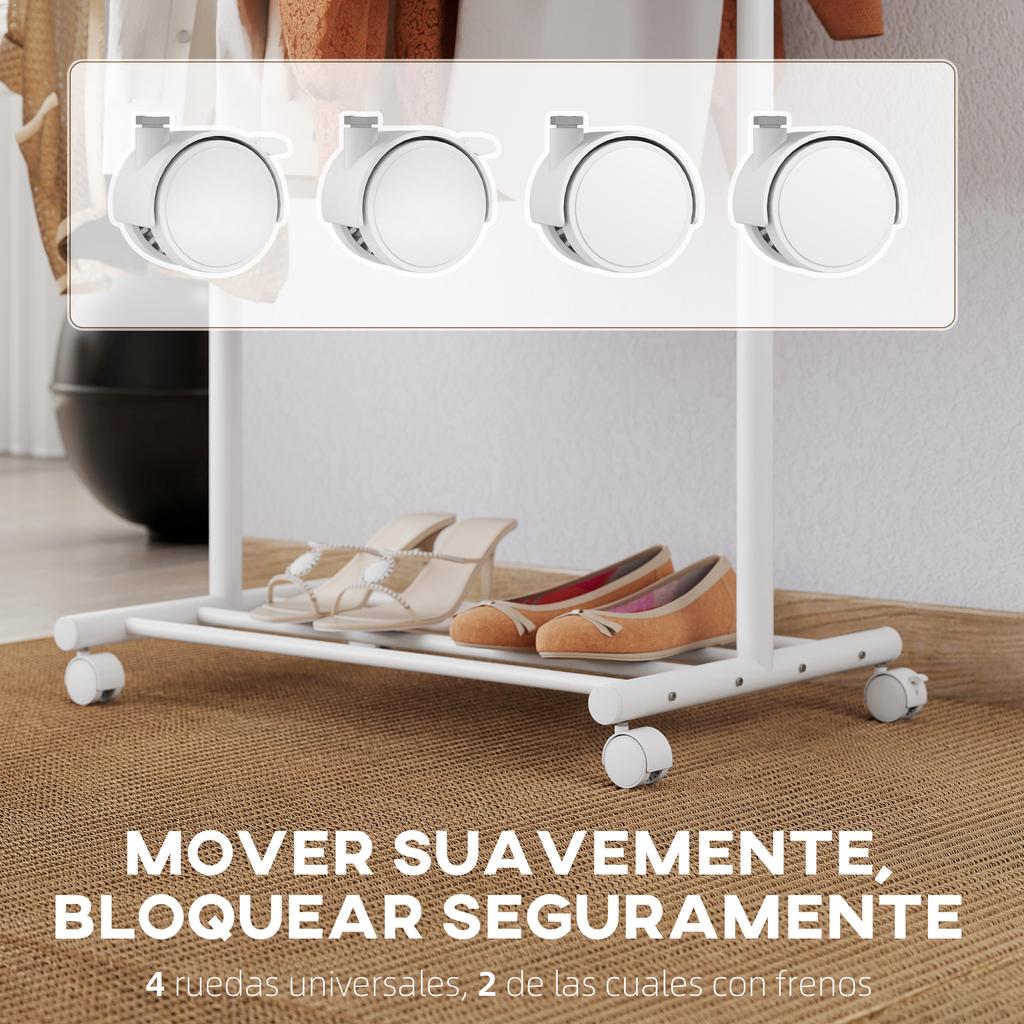Clothes Rack with Wheels, 5 Hooks, Hanging Bar and Lower Shelf, 68x43x171cm, White