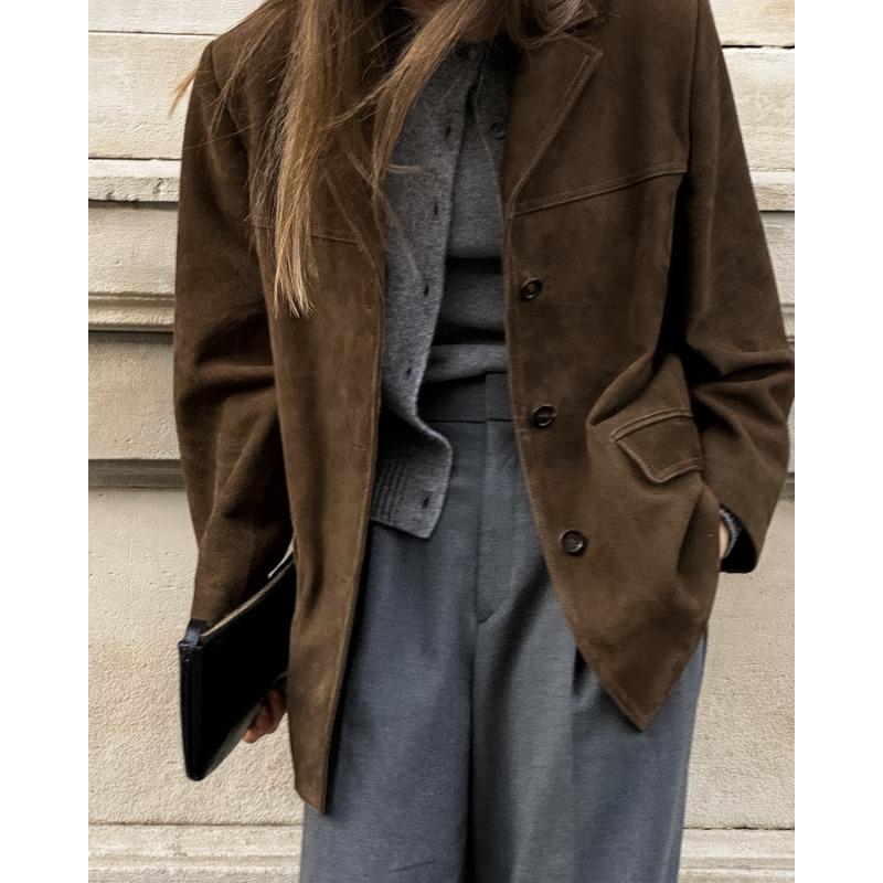 Осенне-зимнее винтажное замшевое пальто женское Design Sense утолщенное пальто средней длины с лацканами куртка женская одежда для поездок на работу