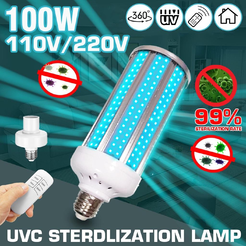 100W UV Germicidal Lamp E27 UVC LED Bulb Ddisinfection Light with Timing Remote Control AC110V/220V 99% Antibacterial Rate Light