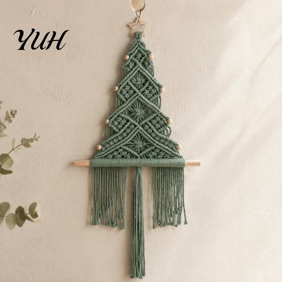 Nursery Room Wall Ornament Hand?Woven Christmas Tree Hanging, Boho Tapestry with Wooden Beads & Gift for Holiday Star, Xmas Art Decor Home Farmhouse