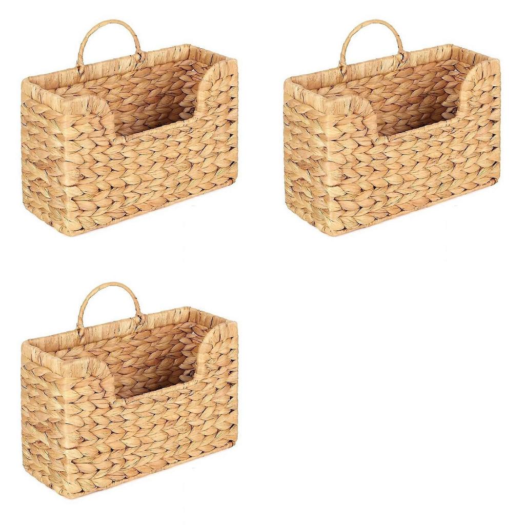 Wall-Mounted Magazine Rack, Handwoven Rattan Storage Basket Set of 3 for Home Organisation