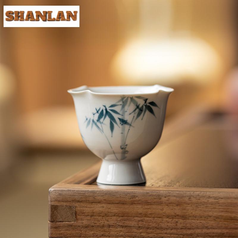2pc/lot Hand Drawn Blue Bamboo Teacup High Foot Tea Bowl Water Jug Tea-tasting Personal Cup Jianzhan Master Cups Teaware 70ml