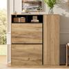 Shoe Cabinet with 2 Flaps & 1 Door – Narrow Shoe Tilt Cabinet, Open Compartments & Adjustable Shelves, Space-Saving, Wood Look/Black, 90x24x94 cm