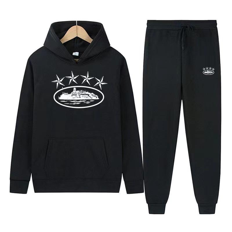 Mens Womens Streetwear Hooded Oversized Fleece-Lined Cotton Blend Tracksuit Set Winter Casual Hip Hop Outfit