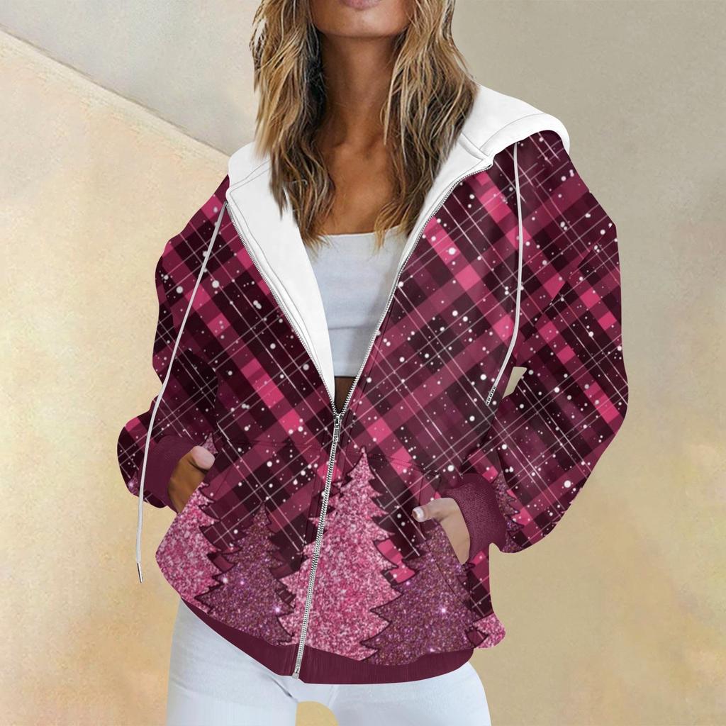 Women's Fashion Casual Christmas Print Long Sleeve Sweatshirt Pocket Jacket Zipper Hoodie Coat
