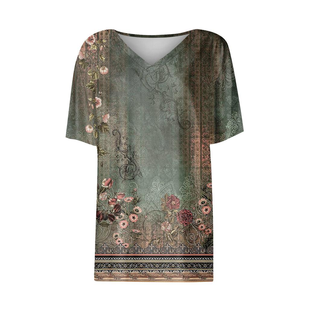 T Shirts For Women Pleated V Neck Dressy Casual Blouses Printing Short Sleeve Summer Tops Loose Fit