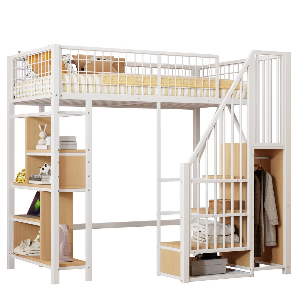 Multifunctional Loft Bed 90 x 200 cm, Metal Bed with Storage, Shelf Space and Staircase, Adult Bed and Children's Bed, White