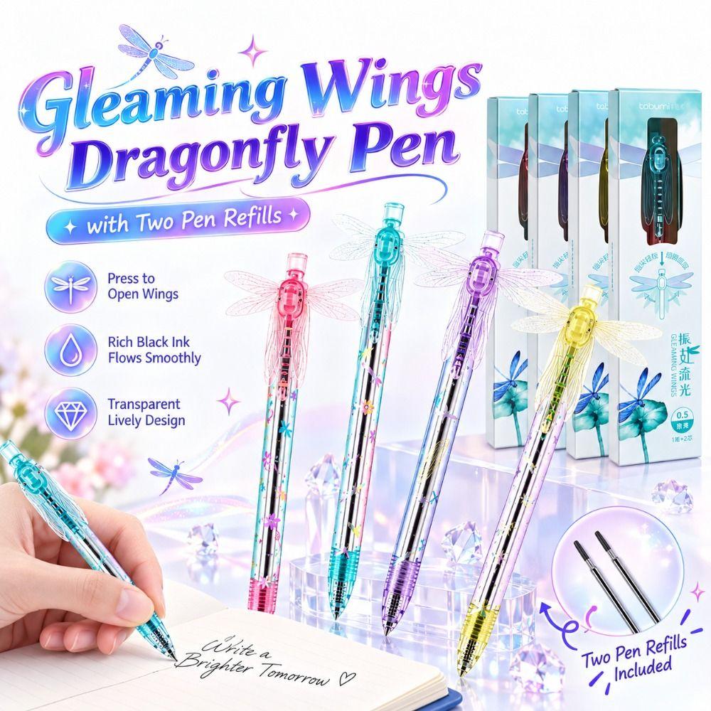 0.5mm Gleaming Wings Dragonfly Pen with Two Pen Refills Black Ink Pens Stationery Supplies