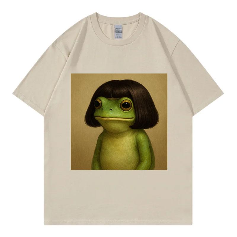 Funny Frog Wearing Wig Meme Graphic T Shirts Fashion Vintage Short Sleeve Tshirts Unisex Unisex Casual Cotton Tshirt Streetwear