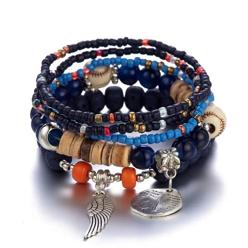 5Pcs Bohemian Colorful Rice Beads Bracelet Set For Women Eiffel Tower Wing Charm Elastic Bracelet Female Summer Vacation Jewelry