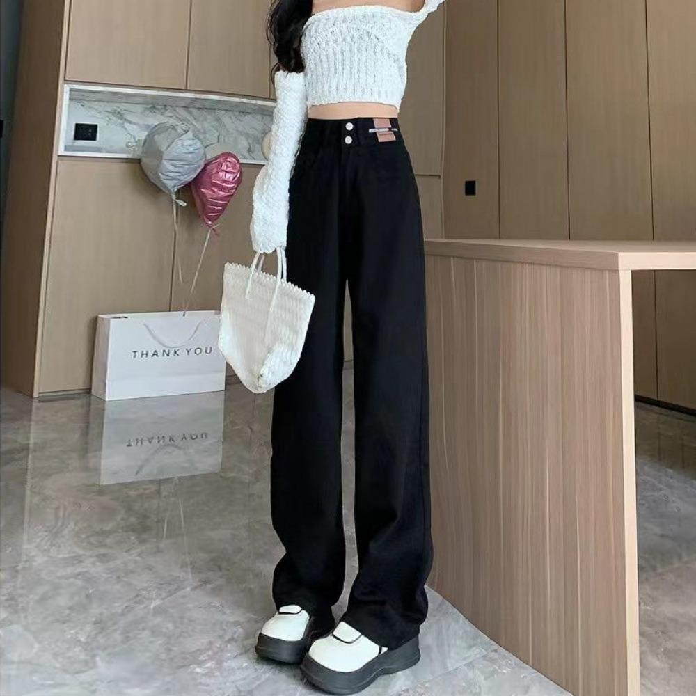 Джинсы женские черные прямые широкие на высокой талии осень-зима 2025, свободные и стройнящие, новые драпирующиеся, моп-модель