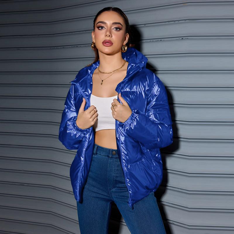 Зимняя модная блестящая куртка-пуховик с капюшоном для женщин с длинным рукавом, однотонная, облегающая, теплая, хлопковая куртка-парка