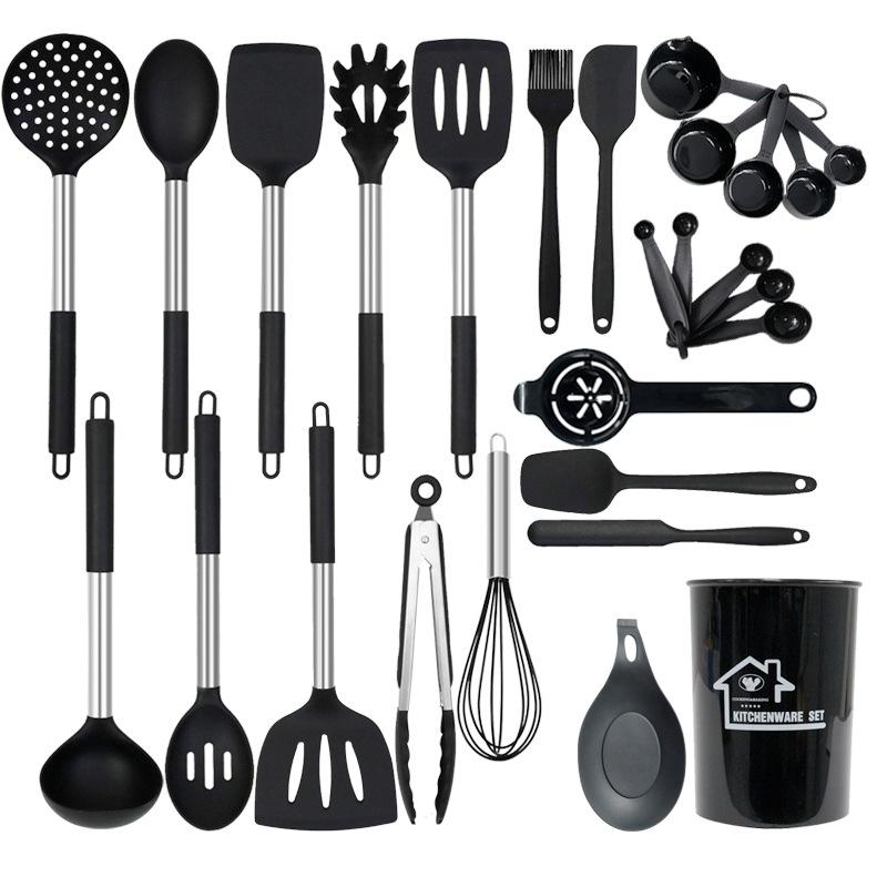 27-piece silicone kitchen utensil set, including spoons, heat-resistant tongs, whisk, and stand