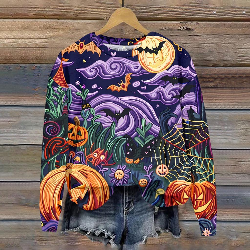 Ladies Fashion Casual Long Sleeve Halloween Printed Round Neck Hoodie Top