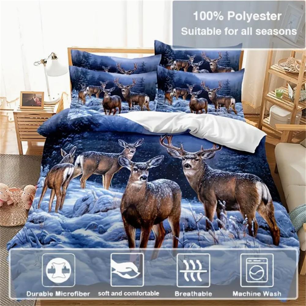 Комплект пододеяльников с оленями, 3 шт. (1*Пододеяльник + 2*Наволочки, Без наполнителя), Пододеяльник с наволочкой с 3D-принтом Дикое животное Олень