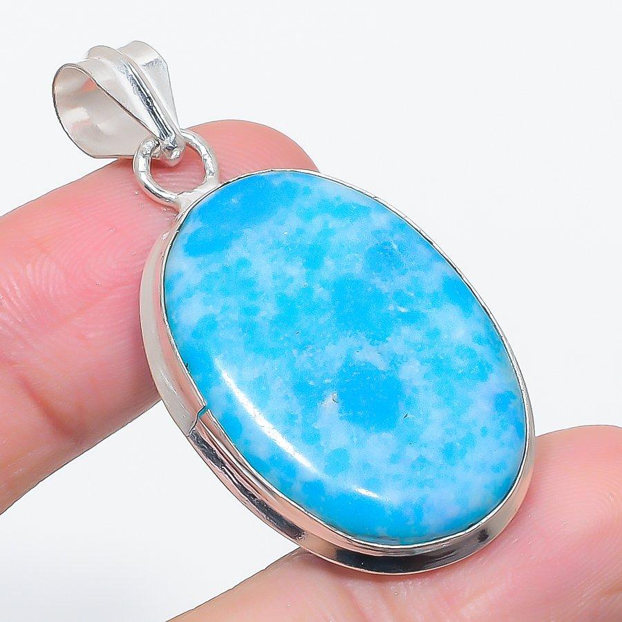 Натуральный Ларимар Драгоценный камень Ручная работа 925 Стерлинговое серебро Ювелирное изделие Подвеска 1.89" N2v31