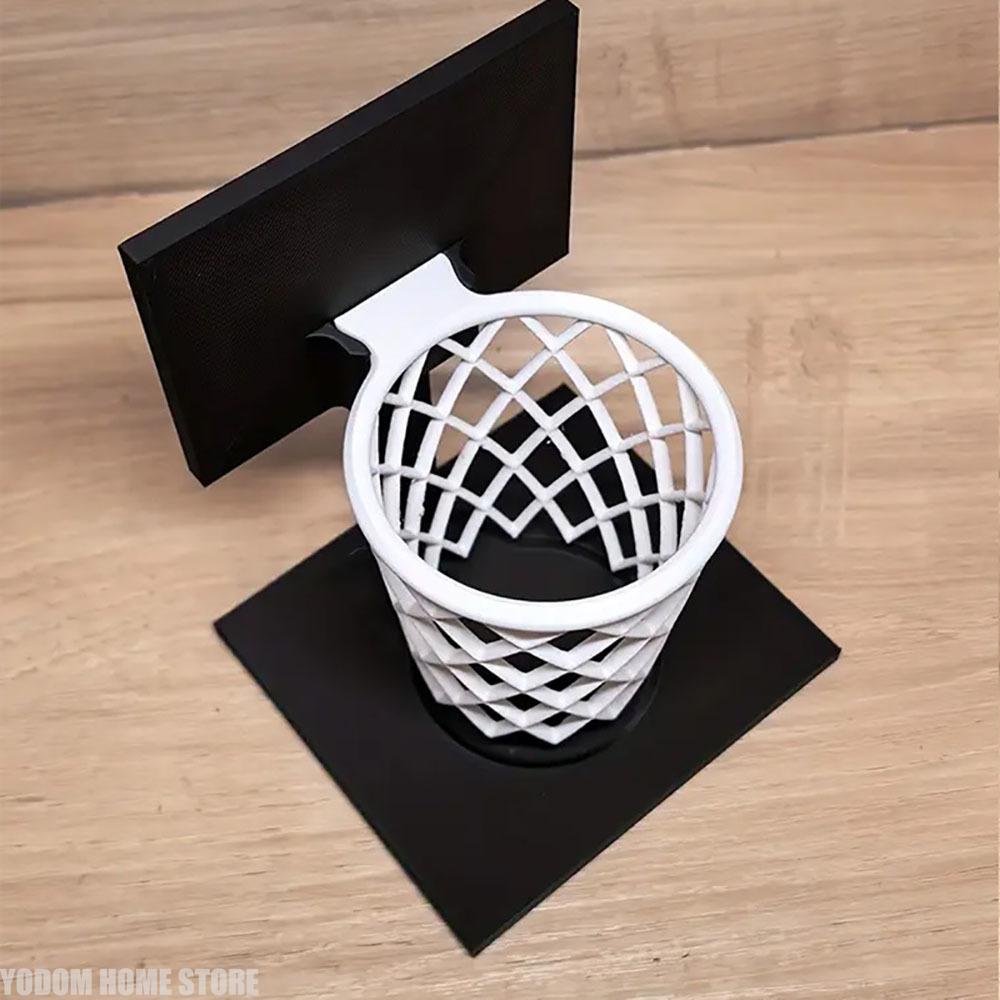 3D Printed Basketball Hoop Pen Holder, Desktop Stationery Organizer with Black Base & White Mesh, Space-Saving Office Desk Decor