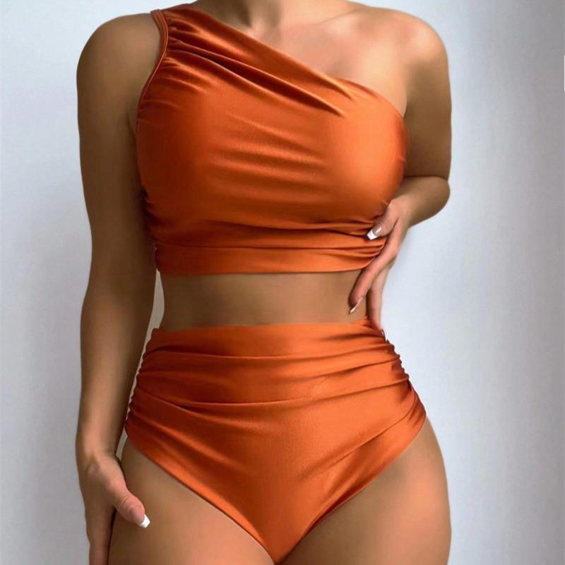 1011 new European and American solid color pleated split swimsuit female sexy shoulder back bikini bikini