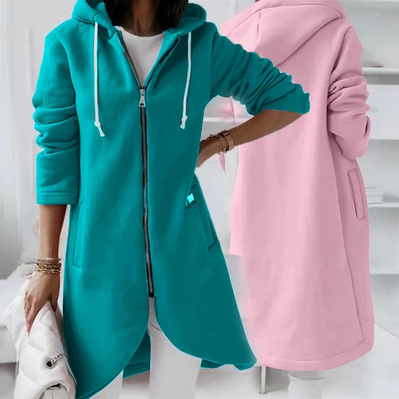 Autumn Winter Women's Solid Hooded Coat Mid Length Loose Zipper Female Windbreaker Jacket New Outdoor Cardigan Outwear