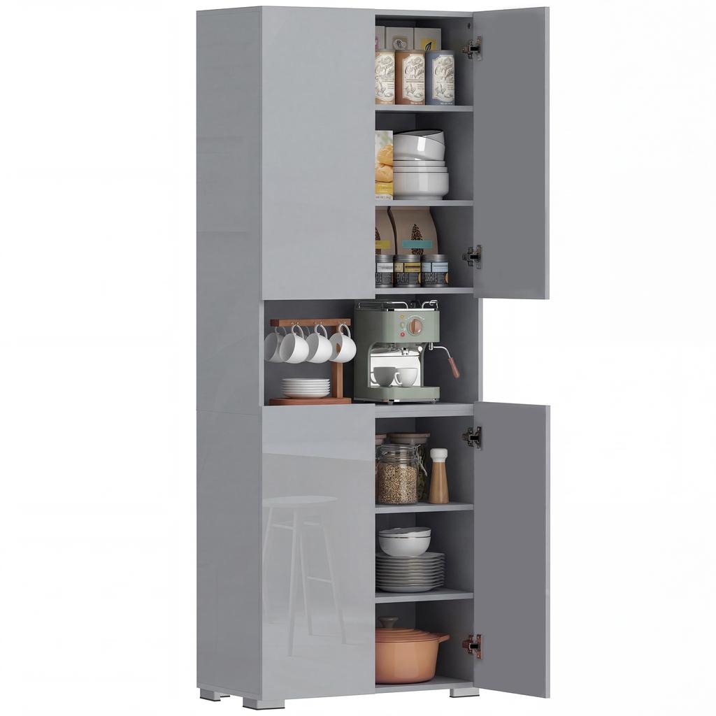 180 cm Tall Kitchen Cupboard, Pantry Storage Cabinet with Soft Close Doors and Adjustable Shelves, High Gloss Grey