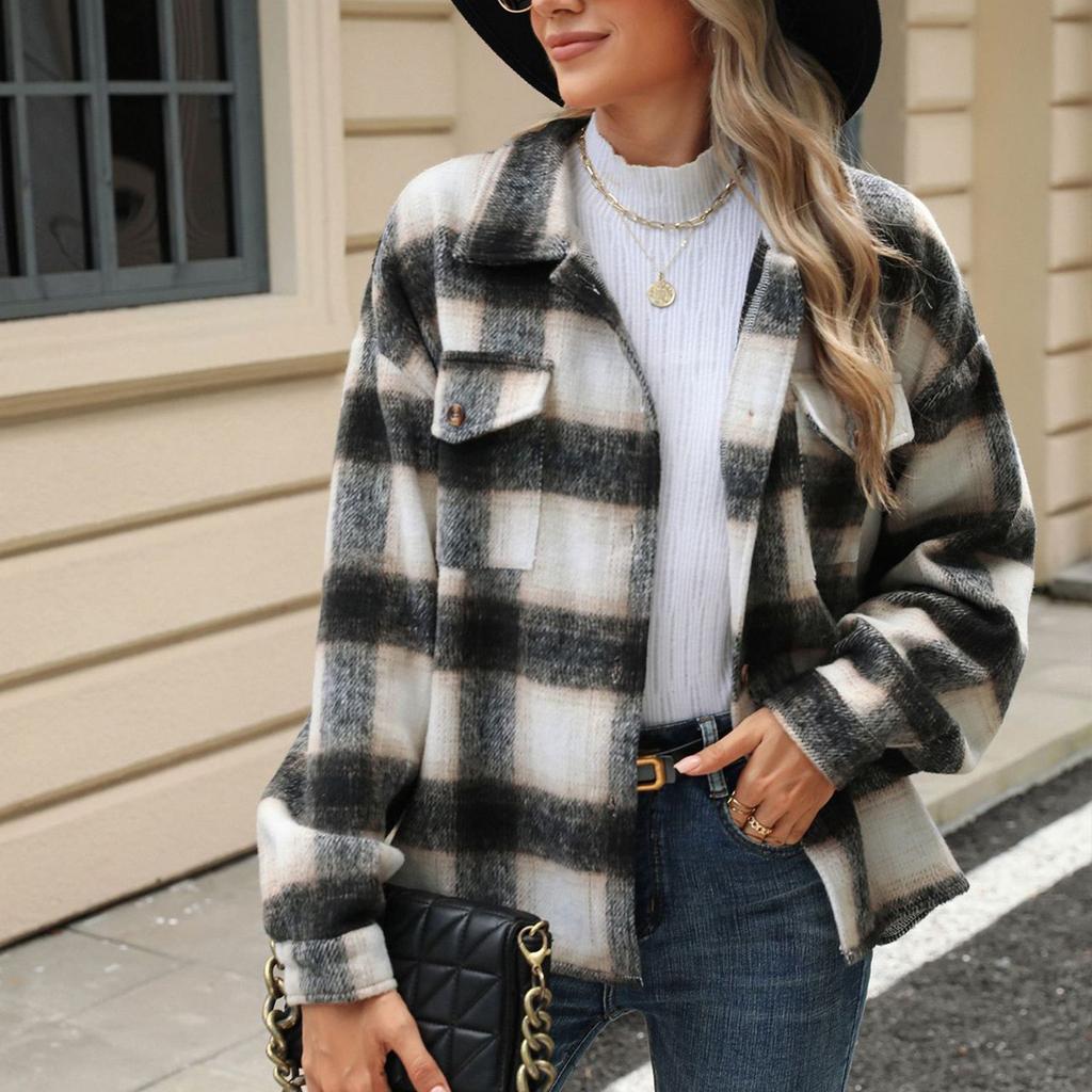 Женская свободная повседневная клетчатая шерстяная куртка с длинными рукавами и лацканами, модная куртка