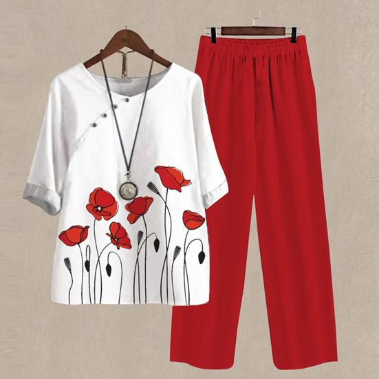 Летний топ, брючный костюм, стильная широкая дышащая футболка, брючный комплект, футболка с цветочным принтом, комплект брюк, летний топ, брючный костюм, женская одежда