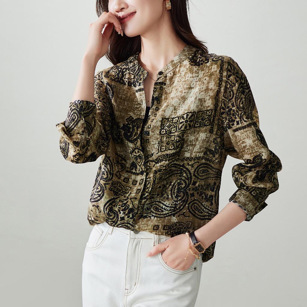 Women's 2026 Spring Commuting Versatile Round Neck Long Sleeve Shirt with Retro Printed Linen and Silk