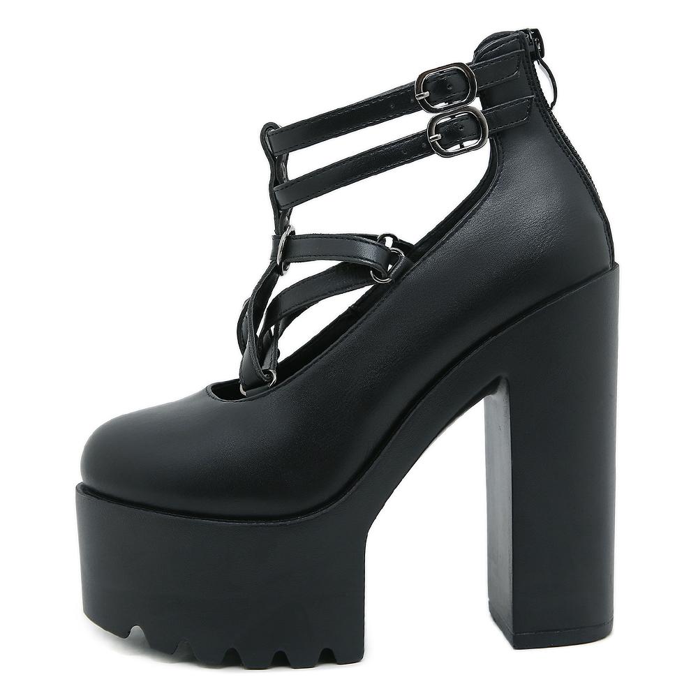 Gdgydh Женские туфли на блочном каблуке, готический стиль, туфли-лодочки на платформе с закрытым носком, пряжкой и ремешком, молния сзади, однотонные туфли на каблуке
