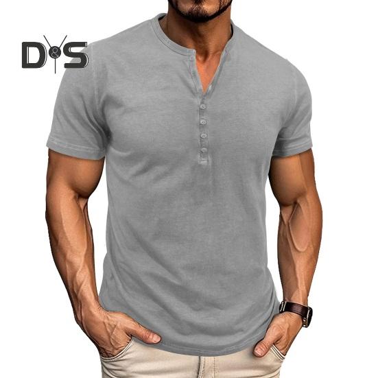 Мужская футболка с воротником Генри, короткий рукав, однотонная футболка с воротником на пуговицах, повседневная футболка-пуловер для спорта, путешествий, офиса