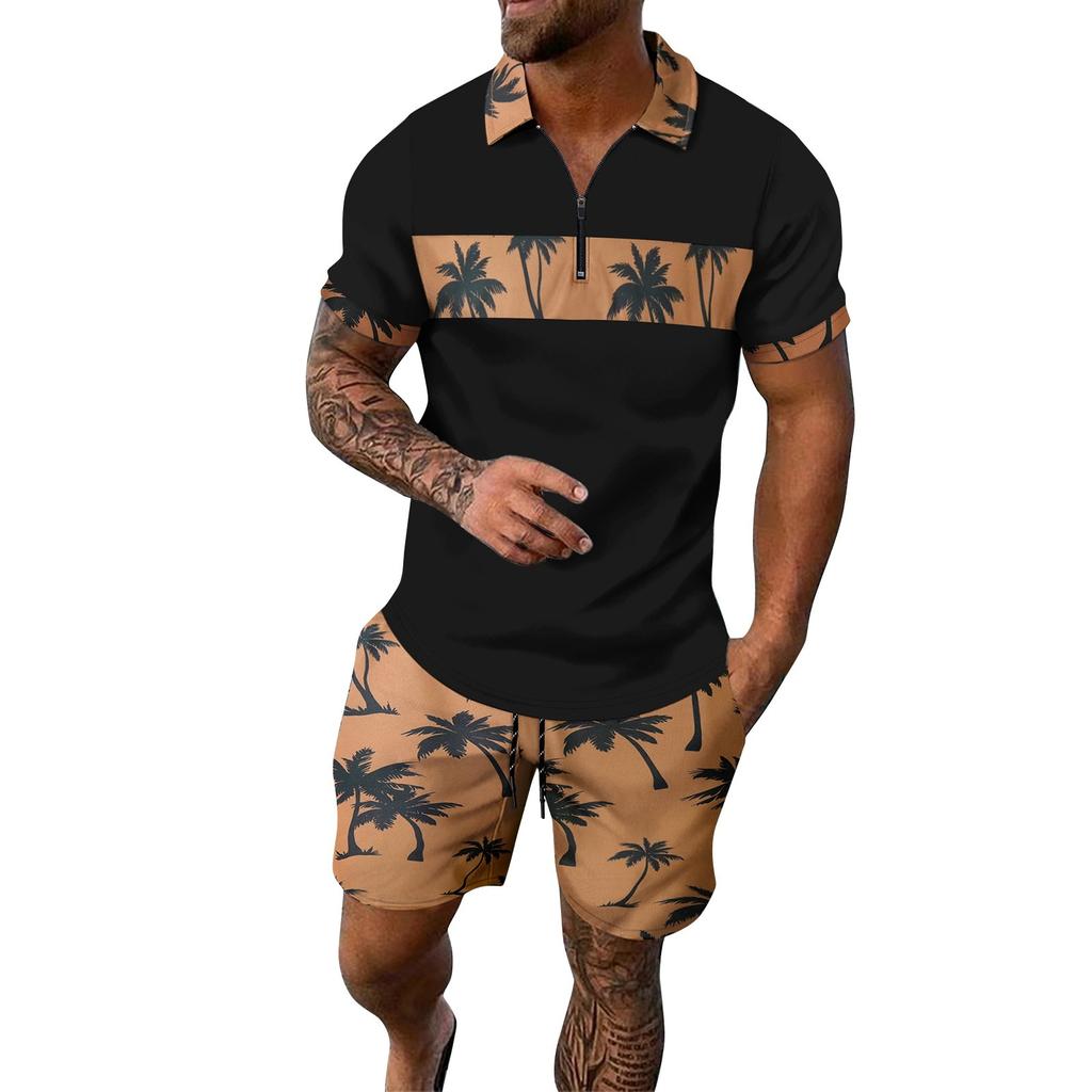 Мужской летний гавайский принтованный костюм с коротким рукавом и застежкой-молнией и лацканами, повседневный спортивный костюм для мужчин