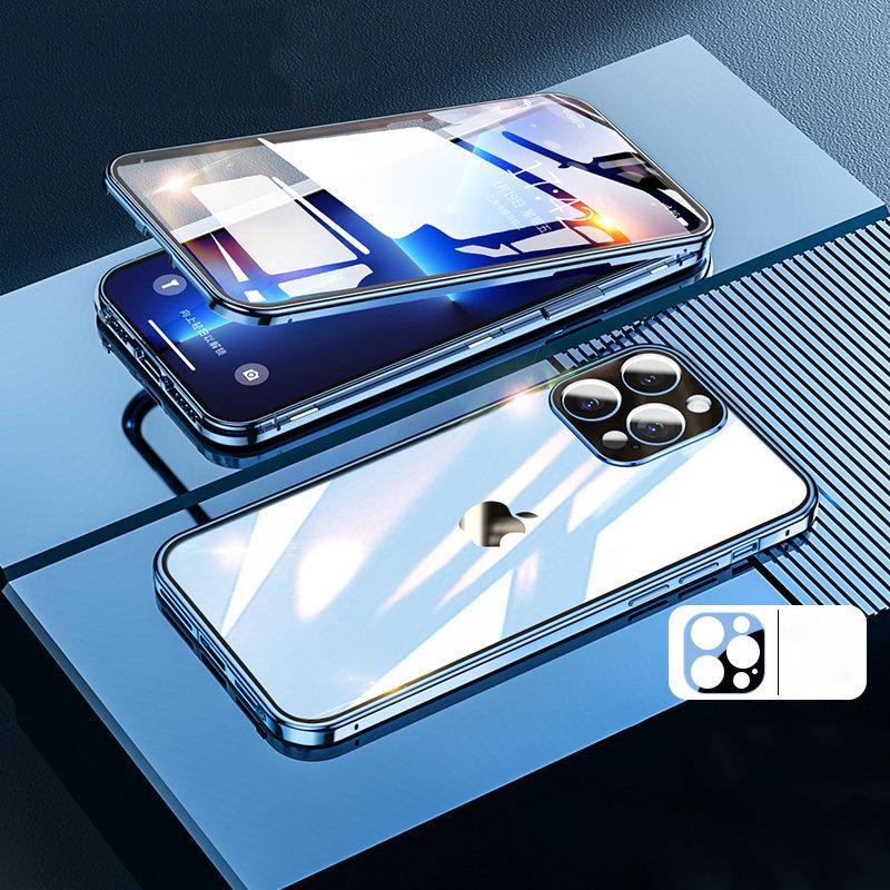 360° Metal Magnetic Adsorption Case For iPhone 16 15 14 Plus 13 12 11 Pro Max Original Purple Metal Alloy Frame Double Sided Glass Cover