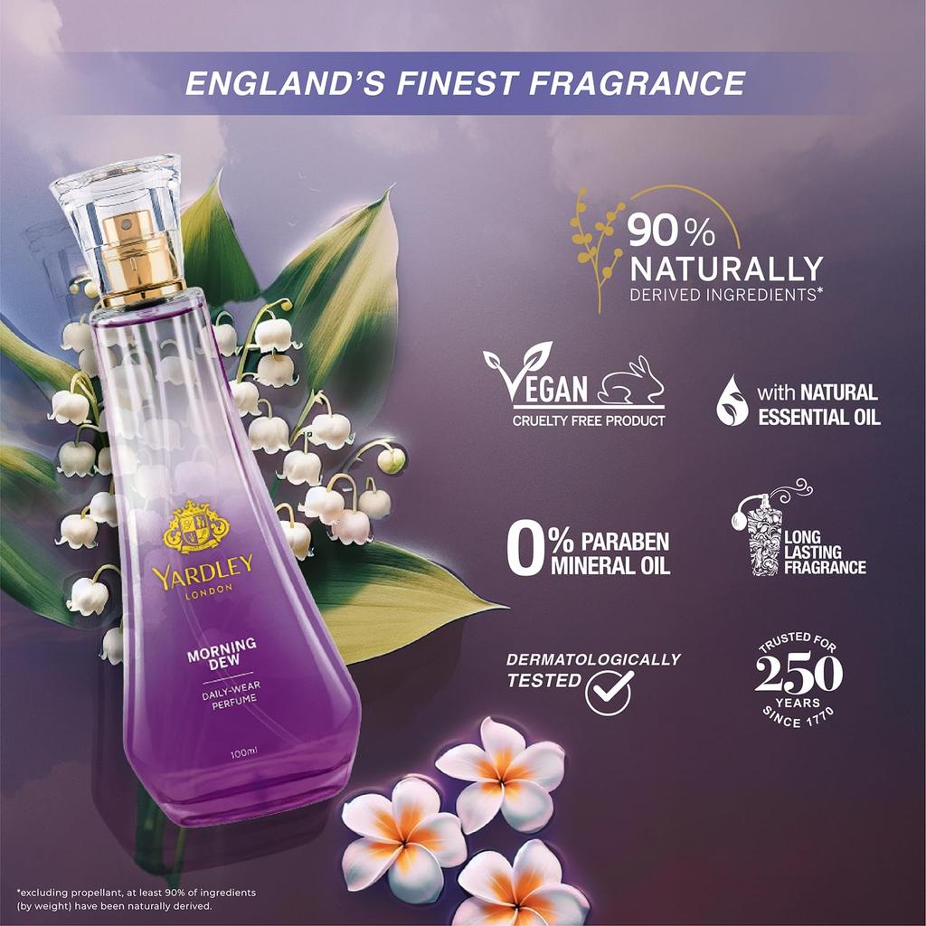 Yardley London Спрей-парфюм Morning Dew | Свежий цветочный аромат | 90% натурального происхождения | Ландыш и франжипани | Парфюм для женщин| 100 мл
