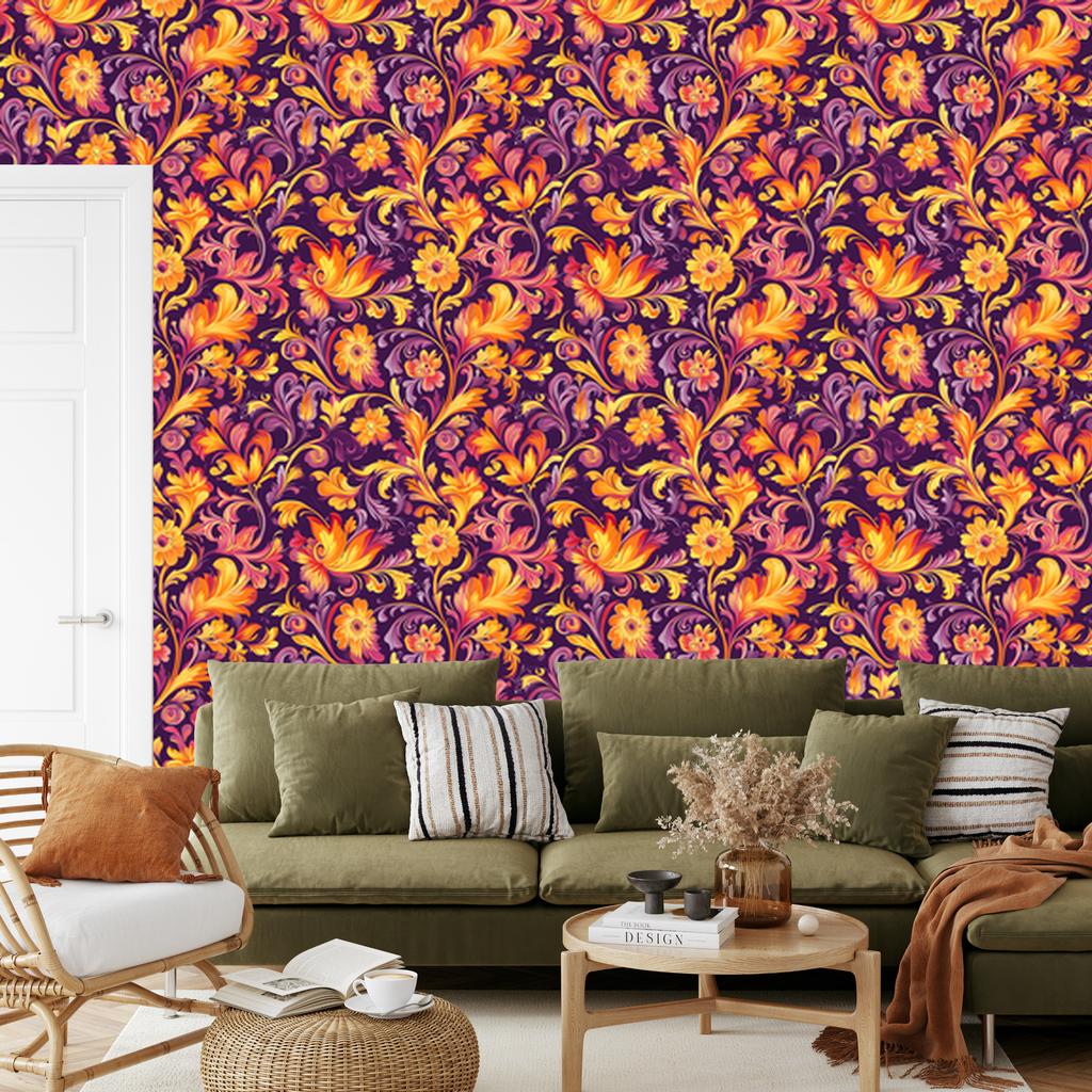 Wallpaper Intricate floral pattern gold and purple 50x1000