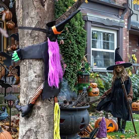 Large Crashing Witch Into Tree Halloween Decoration Outside Flying Witch Hitting Tree Prop for Outdoor Yard Garden Lawn Front Porch Decor