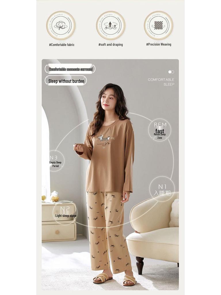 Women's Cotton Cartoon Print Pajama Set - Long Sleeve and Pants, Lycra Cotton, Casual & Elastic, Autumn Homewear