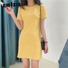Summer Slim Solid Colour Short Sleeve T-Shirt Women's Mid-Length Dresses Women's Clothes Clothes