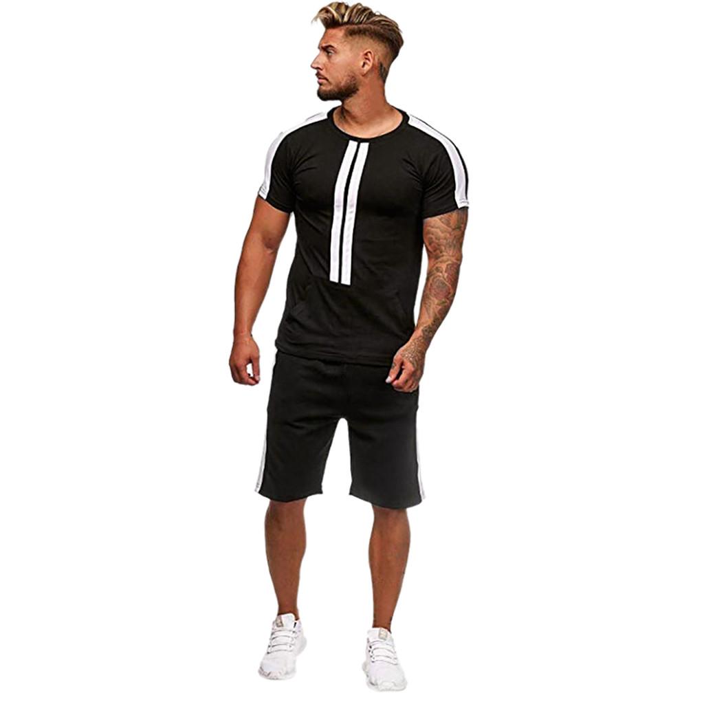 Mens Summer Leisure Stripe Color Collision Short Sleeve Shorts Sports Thin Sets