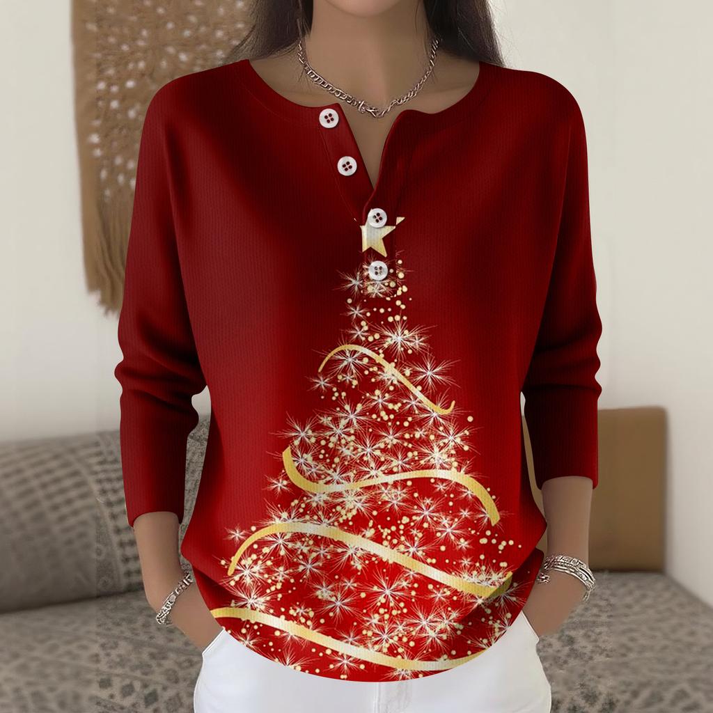 Женская мода Топ с длинным рукавом и рождественским принтом в виде снежинок Элегантный повседневный топ