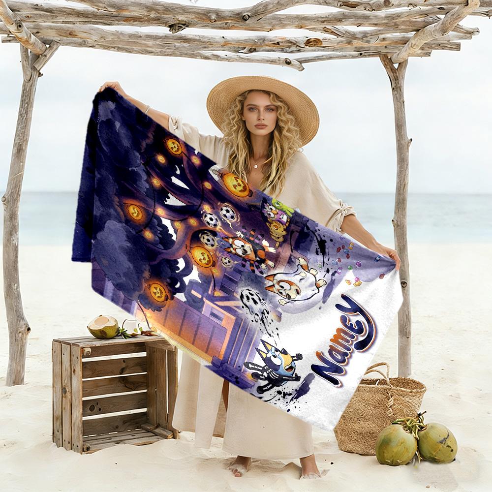 Bluey Friends Adventure Customized Name Beach Towel Quick-Dry Soft Microfiber Perfect for Traveling Yoga Camping and Swimming