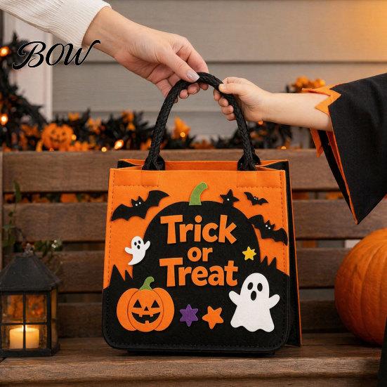 Child-friendly Halloween Bag Trick or Treat Bag, Felt Goodie with Pumpkin Ghost Patches, Candy Large Tote for Kids, Party Favor, Haunted