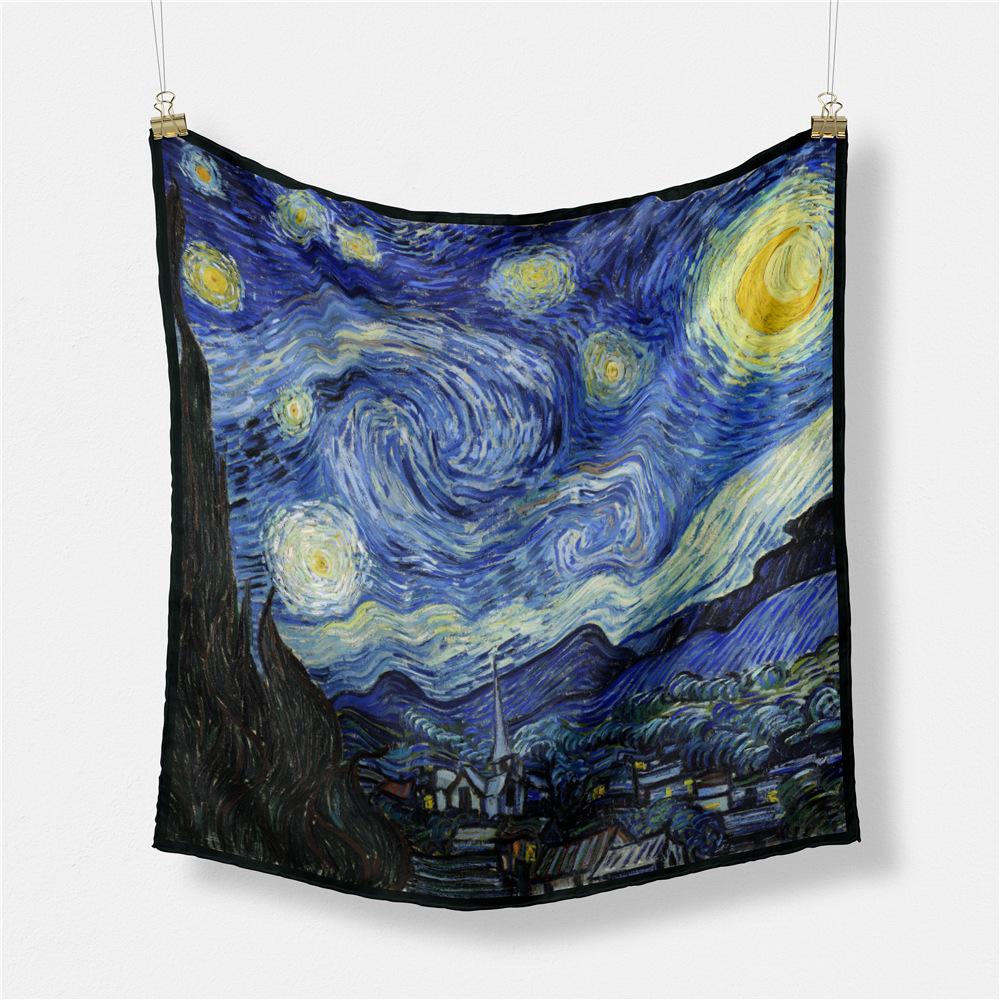 Famous Oil Painting Twill 100% Silk Scarf Fashion Bandana Women Scarf Wraps 53cm Square Scarves Hijab Head Scarf Neckerchief