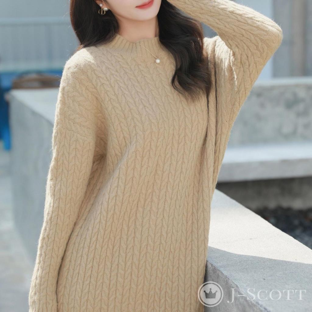 Круглый шнур ниже колена длинный легкий в движении выглядит длинный рукав модный десять выглядит аккуратно взрослый взрослый бежевый [J-Scott] [Ограниченный запас] Женский трикотаж, трикотаж,