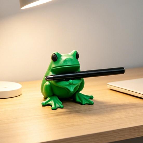 3D Printed Cute Frog Pen Holder, Bright Green Pen Stand with Pen-Grabbing Structure, Anti-Slip Desktop Organizer for Pens & Makeup Brushes, Creative