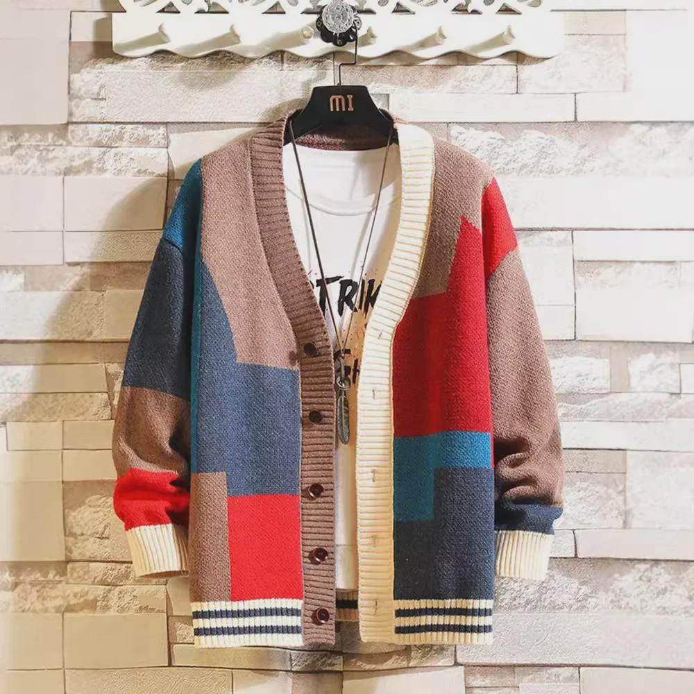 Мужской кардиган большого размера из кашемира в стиле пэчворк: Уникальный свитер с V-образным вырезом на осень/зиму