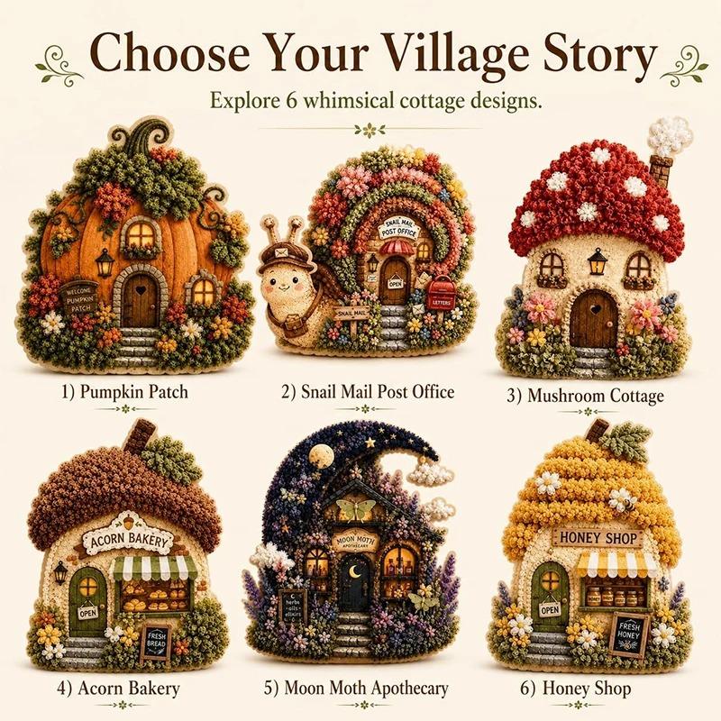 Whimsical Village Creative 3D Fabric Poke Art DIY Kit Mushroom Cottage Village Hand‑Poking Craft Making Set For Adults Beginners