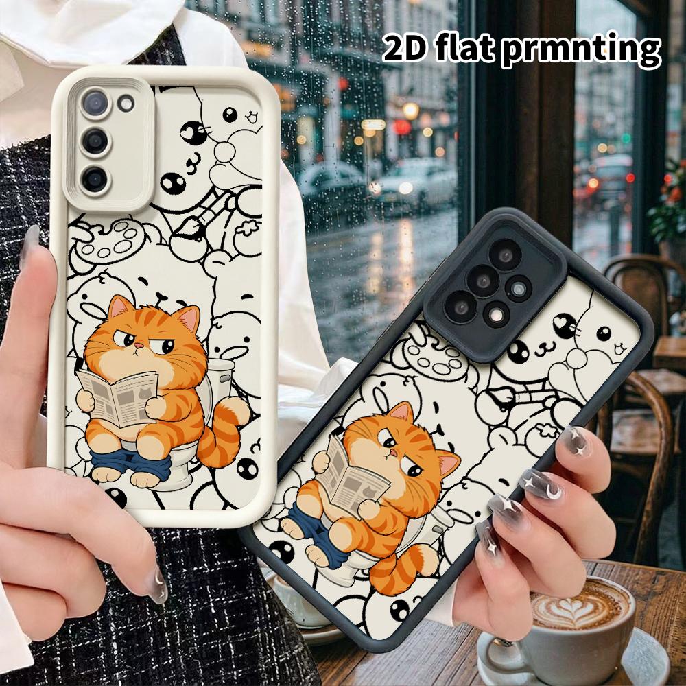 Phone Case: 2D flat, fits Samsung Galaxy A34 A35 M05 M06 S20 S22 S21 FE Plus 5G cases, chubby orange cat reading a newspaper, perfect Christmas and Ha