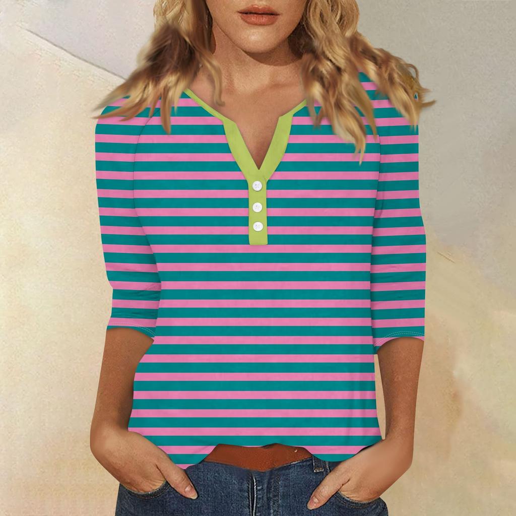 Жен. Футболка Футболка С принтом Пуговицы Рукав 3/4 Повседневные Выходные Мода Классический Классический V-образный вырез Обычный Верх