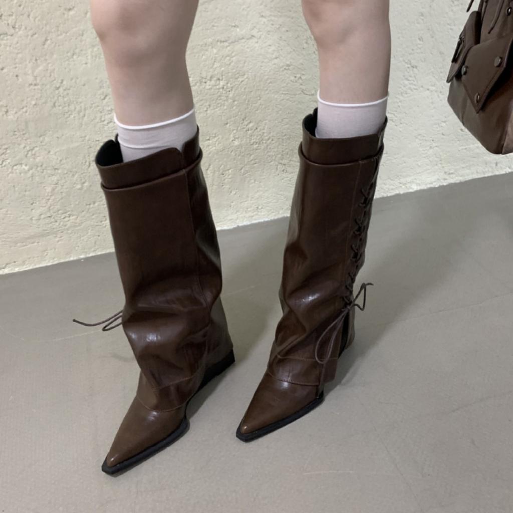 French niche design trouser boots women's boots new pointed toe heel pile boots thin knight boots