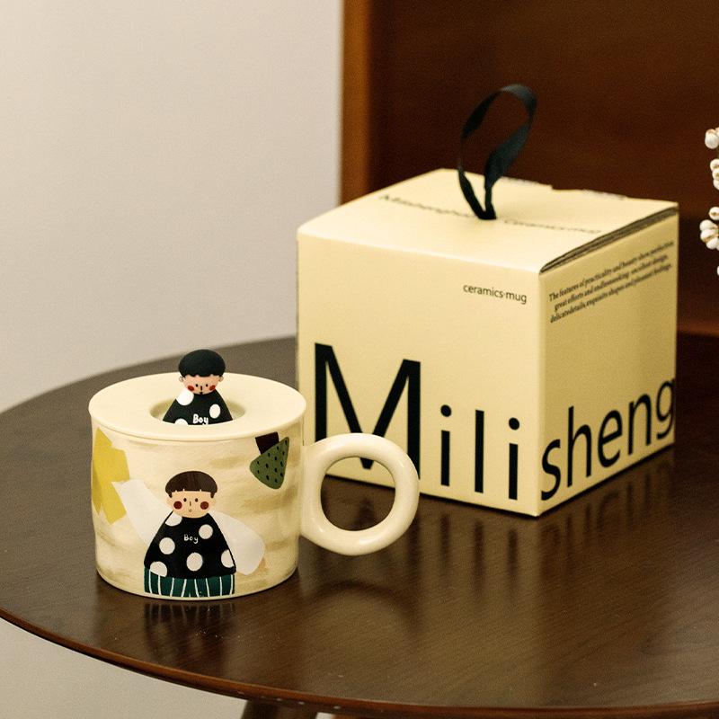 Ретро Чашка для воды для пары мальчик и девочка Керамическая чашка с крышкой Кружка Чашка для пары для завтрака Чашка для кофе
