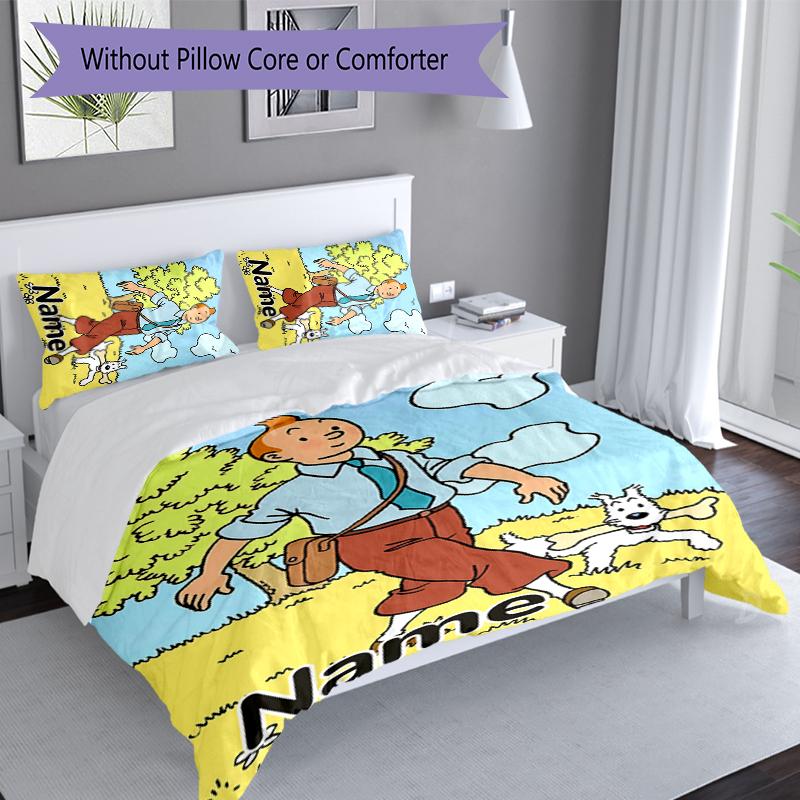 3pcs Custom Name The Adventures of Tintin Bedding Set,Includes 1 Duvet Cover and 2 Pillowcases,All-season Bedroom Decor